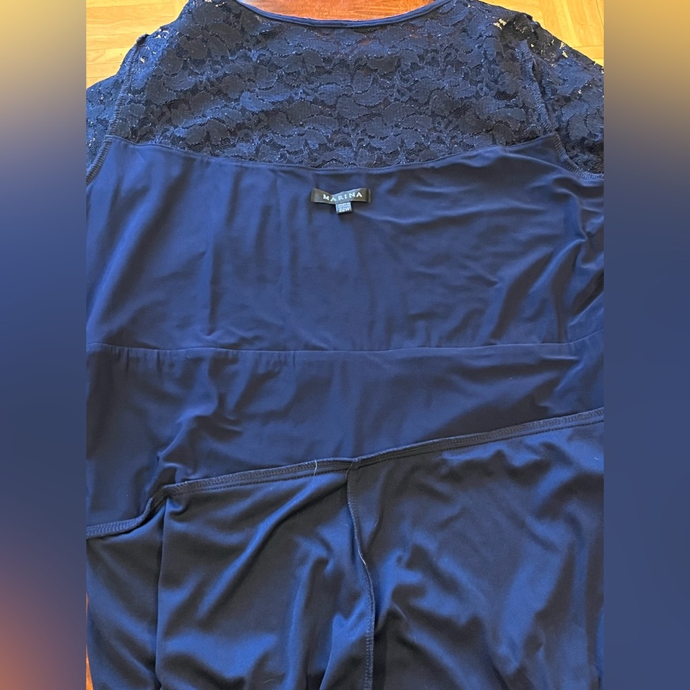 Marina evening formal dress. Cascade ruffle, lace sparkle bodice. Navy blue. 22 - Picture 12 of 16